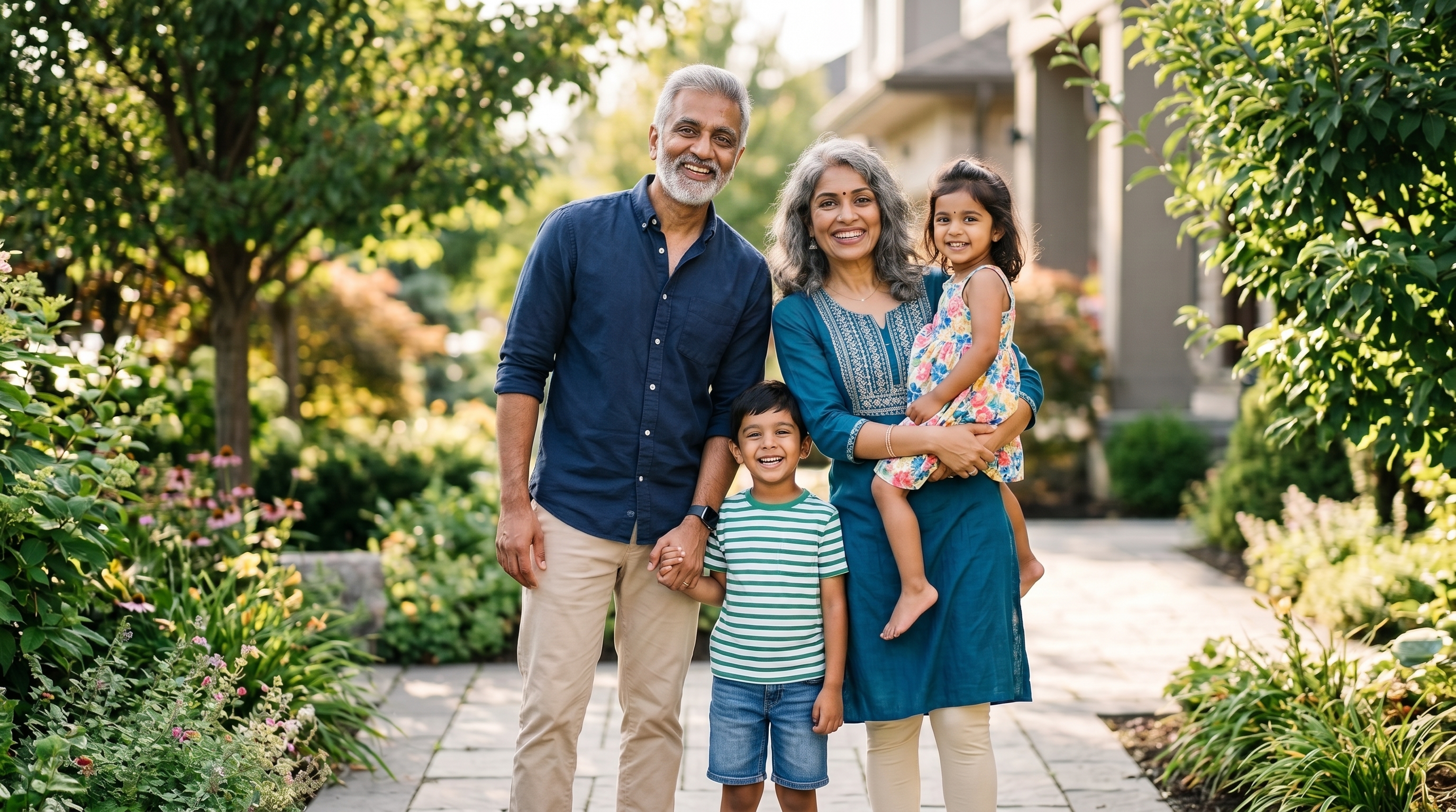 Grandparents with their grandchildren in a garden
